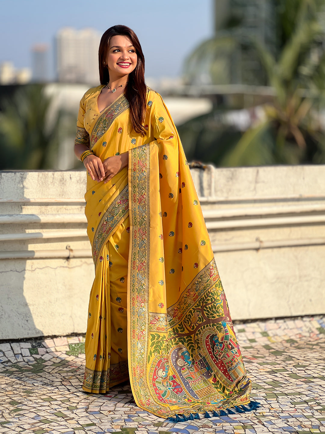Dark yellow baluchari silk zari woven saree