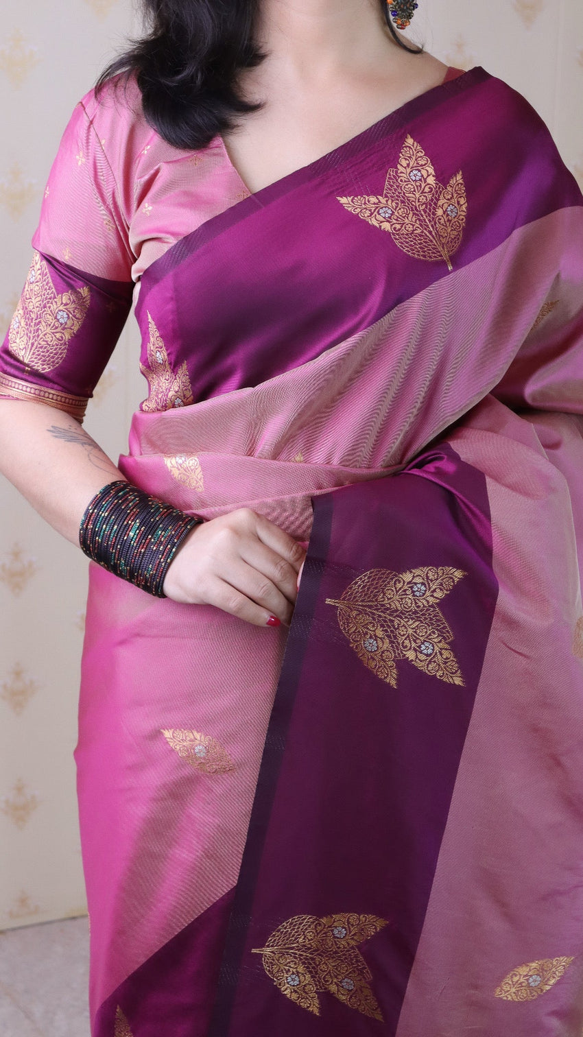 Coral pink soft silk dusty concept floral zari woven saree
