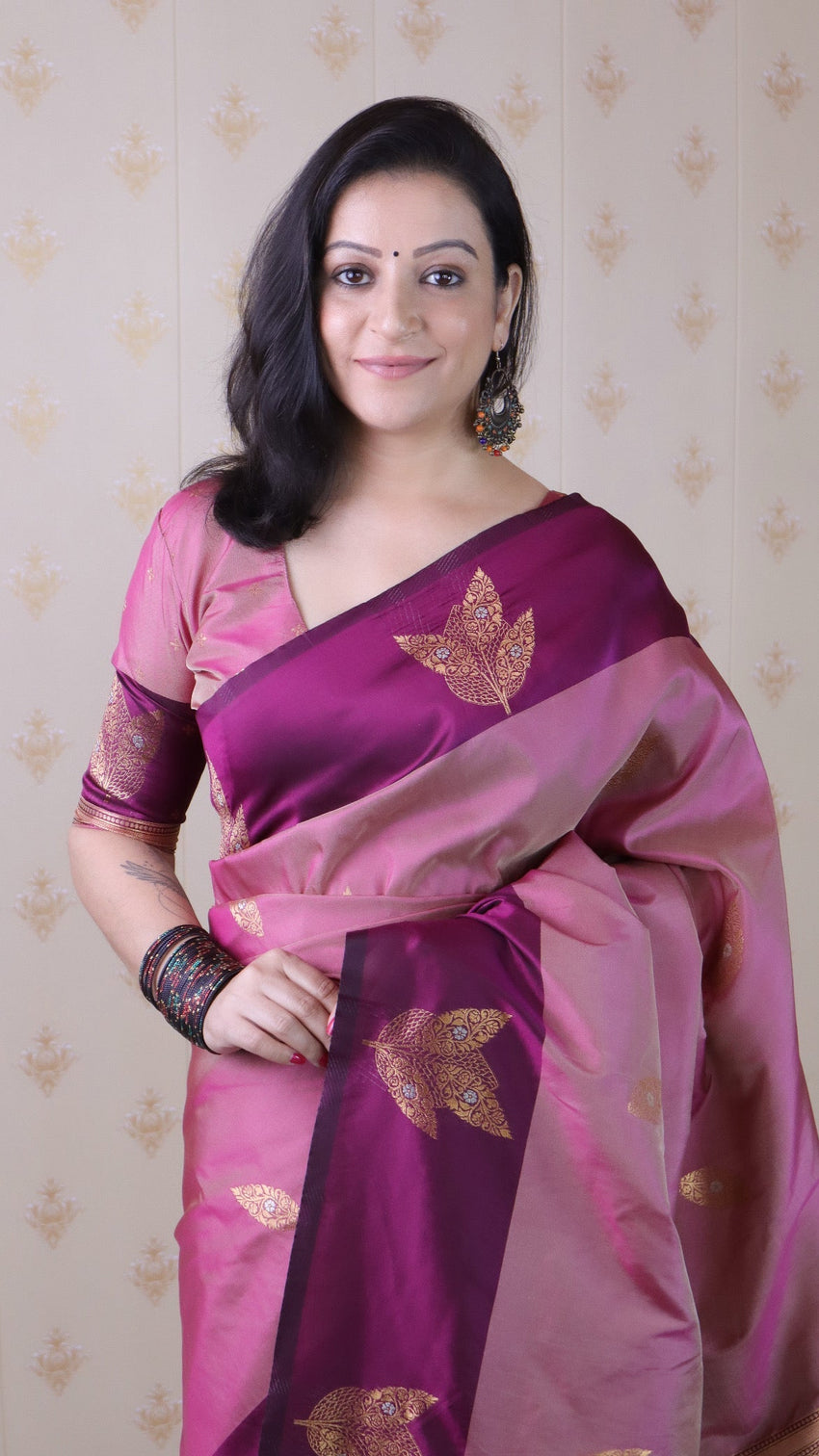 Coral pink soft silk dusty concept floral zari woven saree