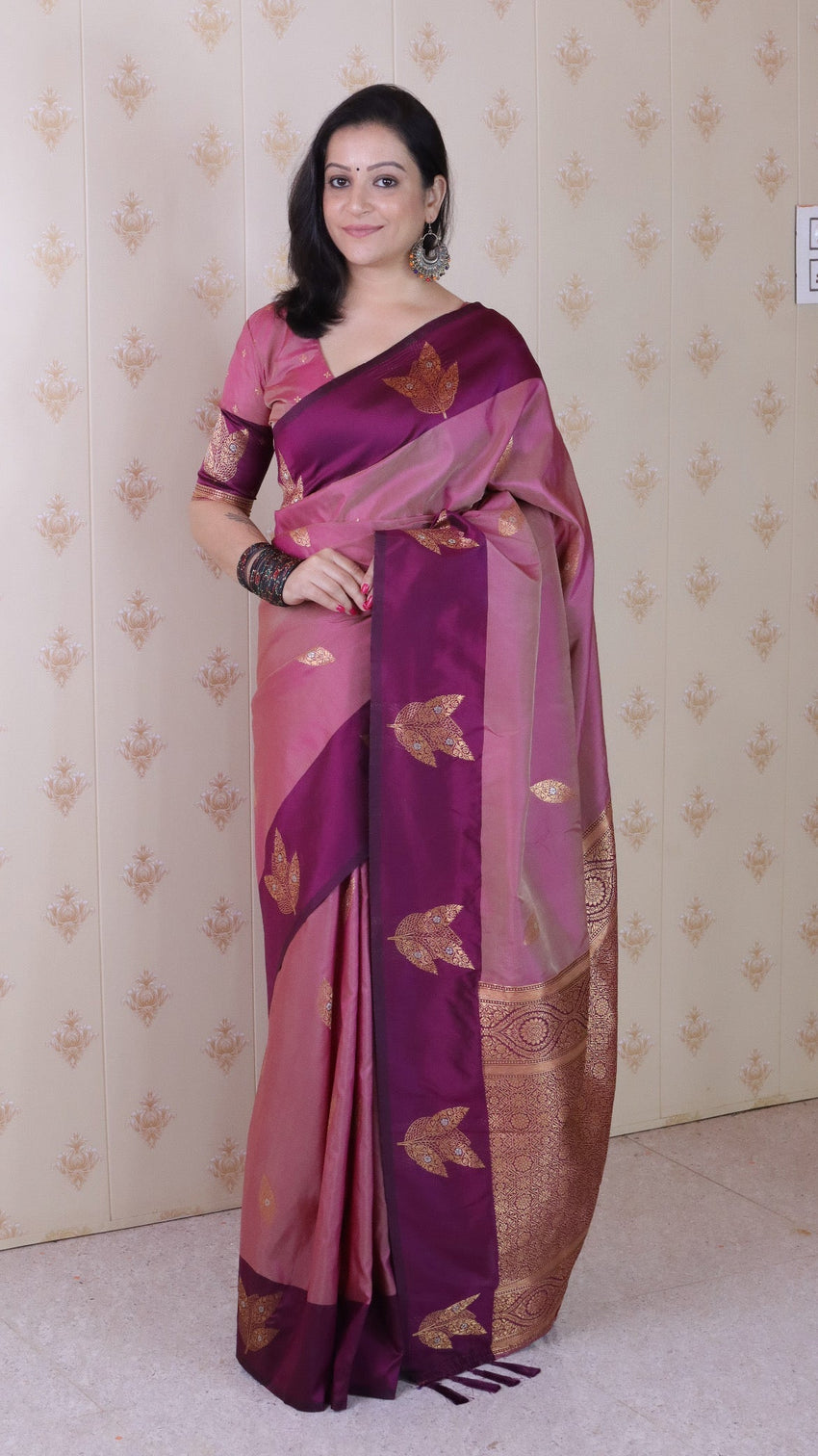 Coral pink soft silk dusty concept floral zari woven saree