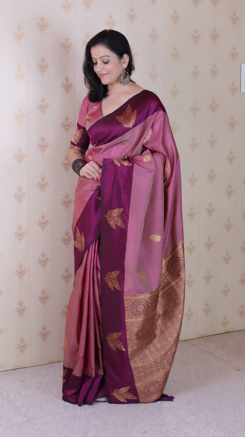 Coral pink soft silk dusty concept floral zari woven saree