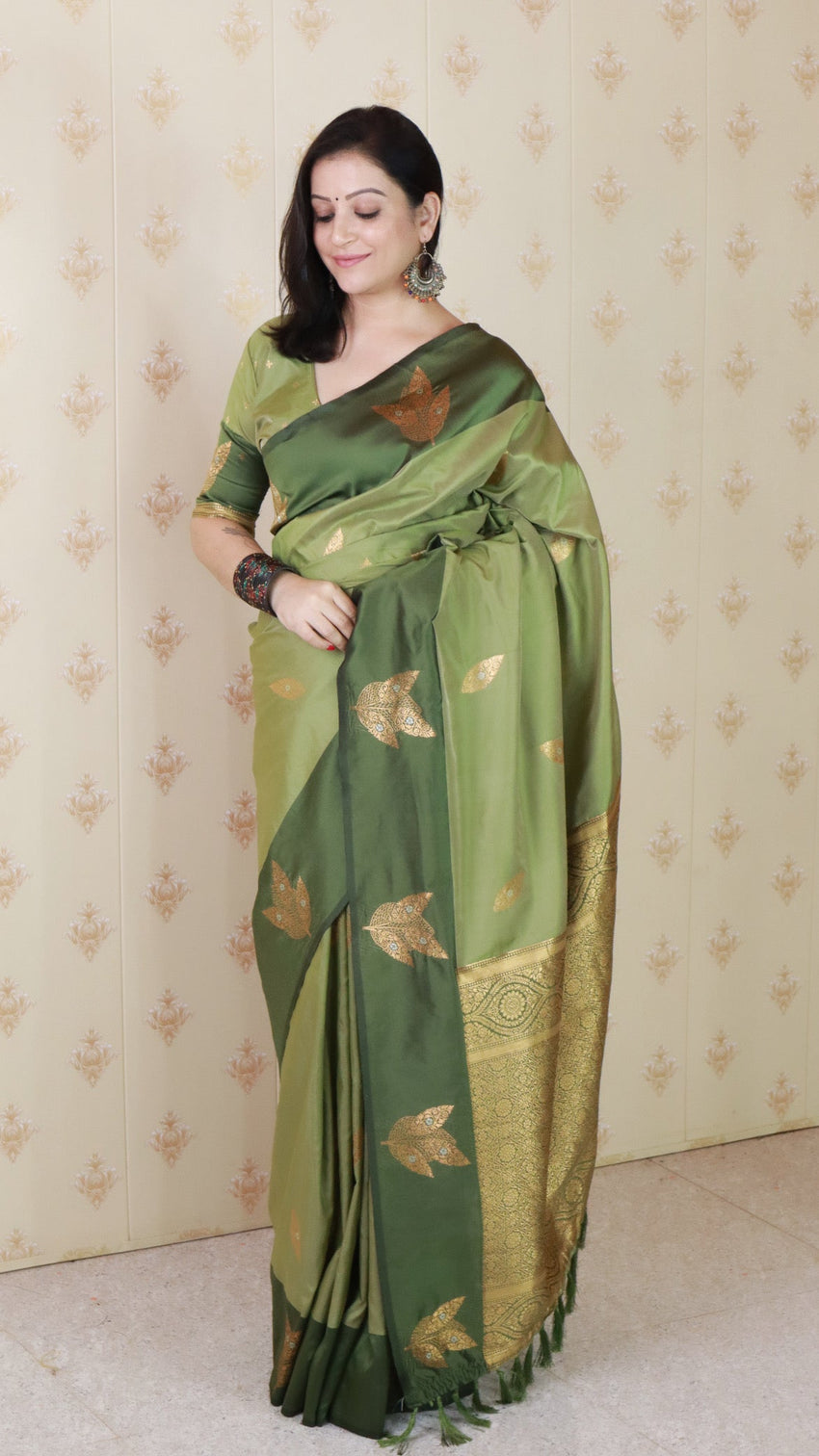 Green soft silk dusty concept floral zari woven saree