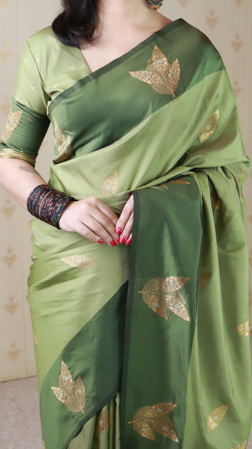 Green soft silk dusty concept floral zari woven saree