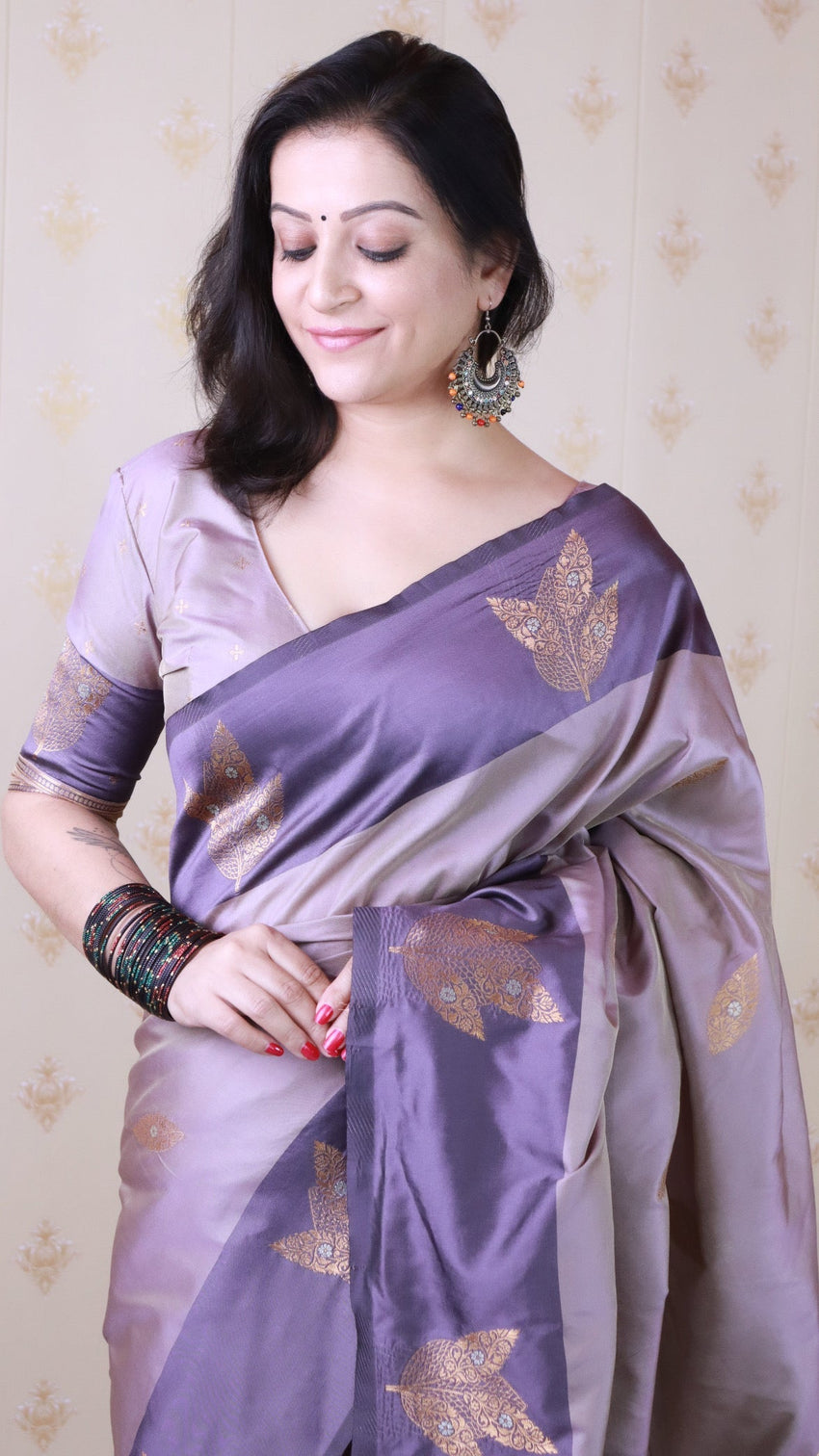 Lavender soft silk dusty concept floral zari woven saree