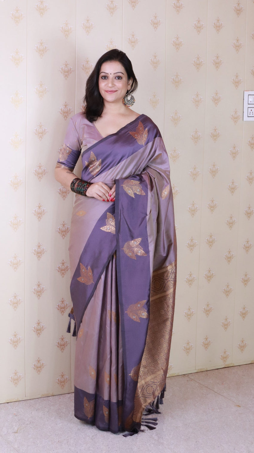 Lavender soft silk dusty concept floral zari woven saree