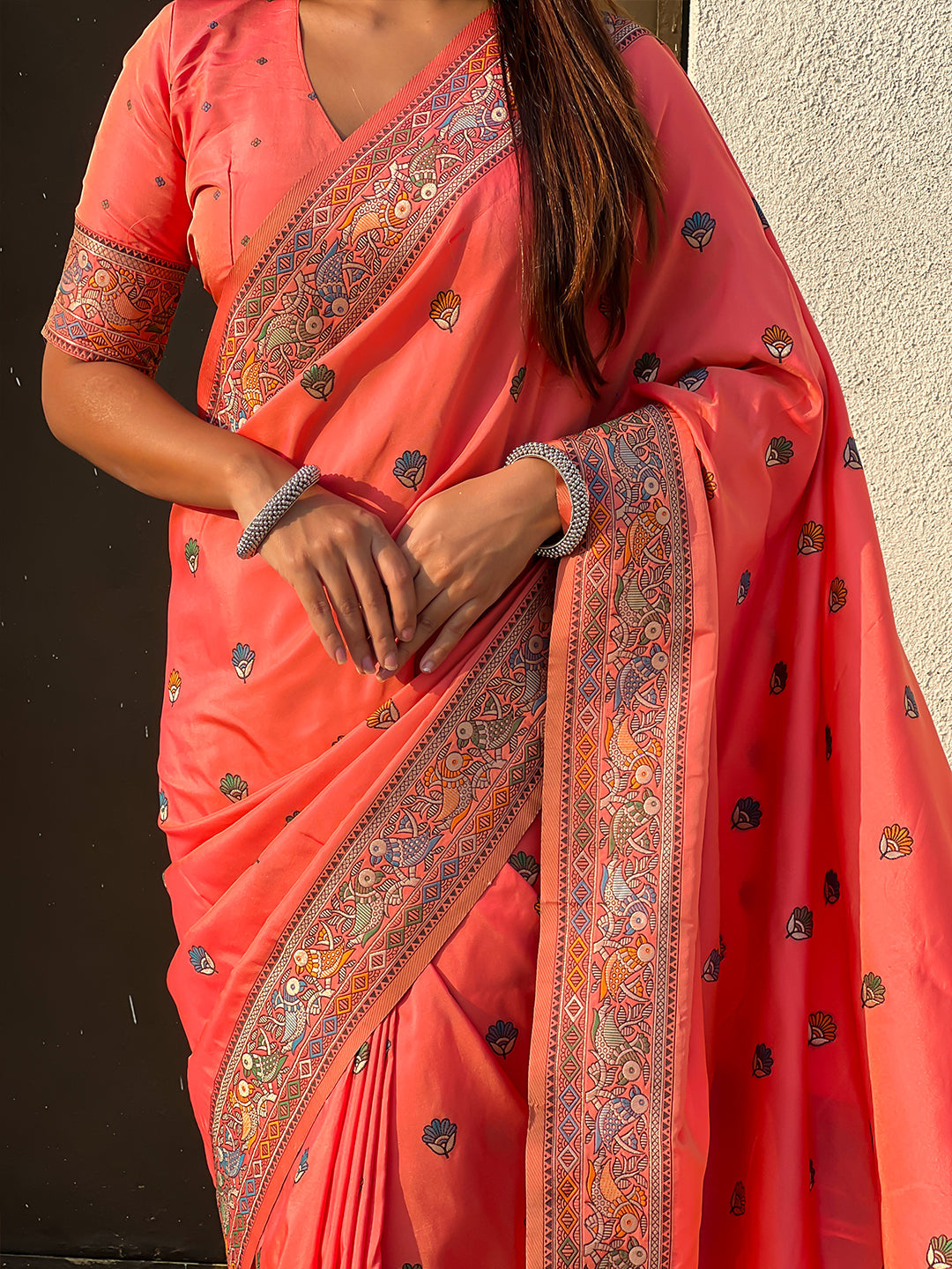 Peach baluchari silk zari woven saree