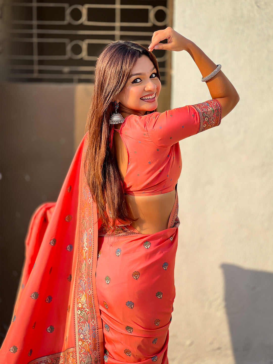 Peach baluchari silk zari woven saree