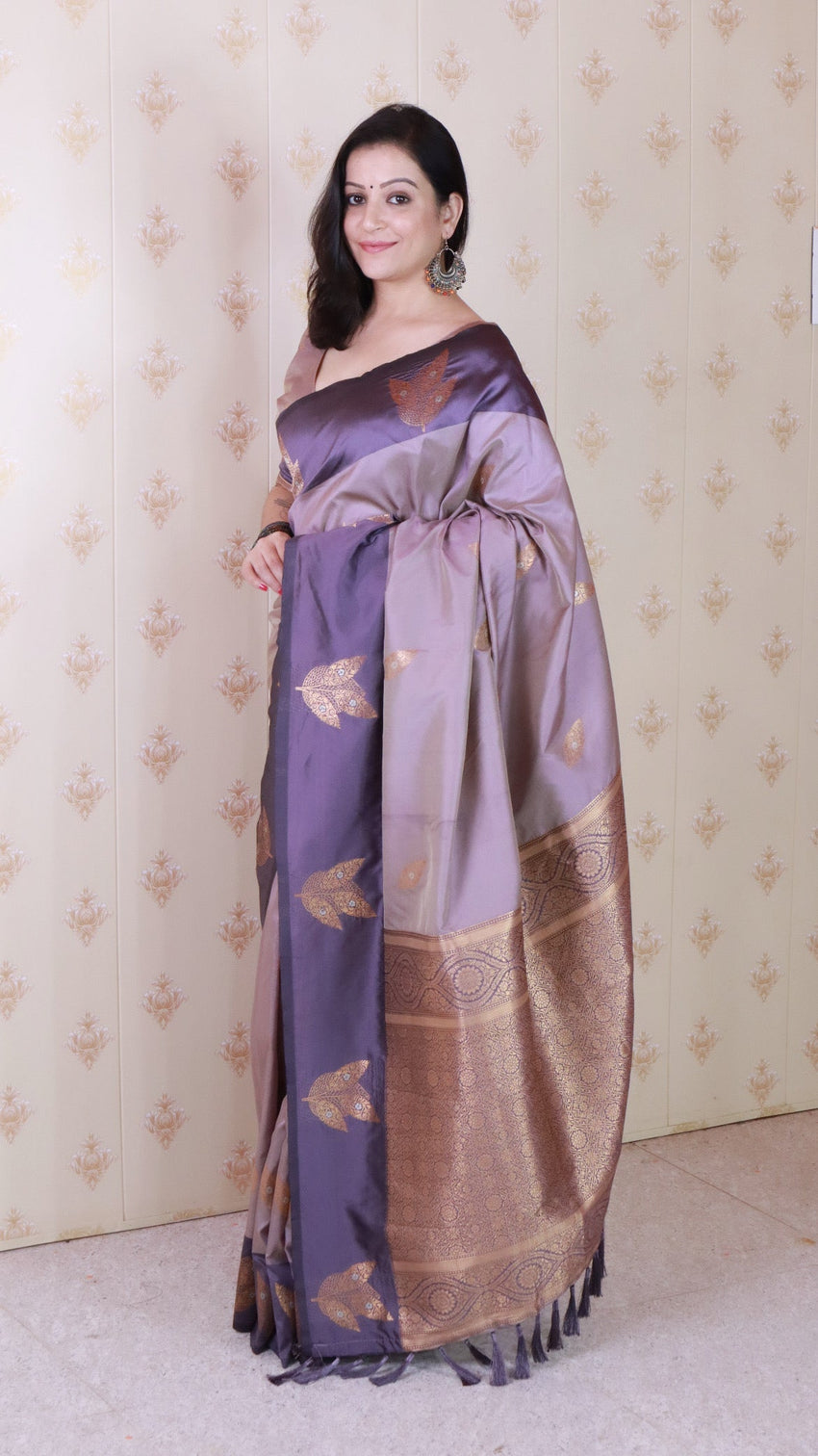 Lavender soft silk dusty concept floral zari woven saree