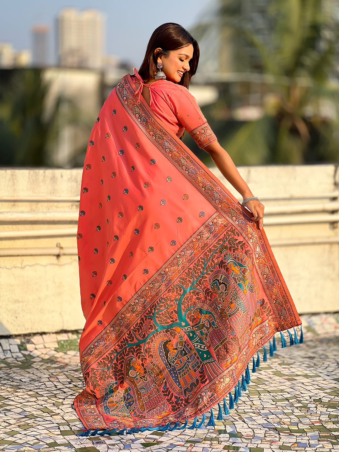 Peach baluchari silk zari woven saree