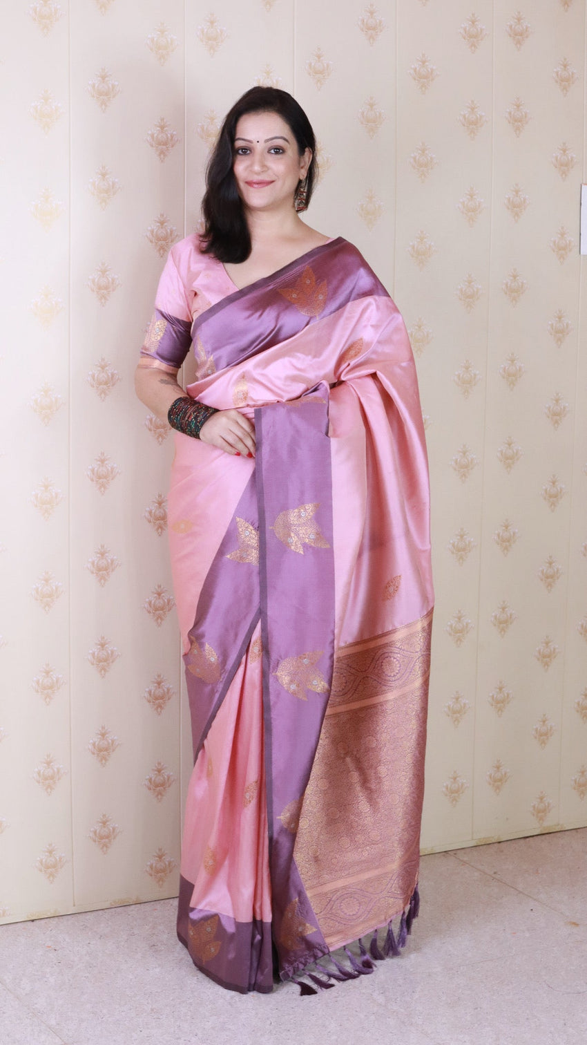 Baby pink soft silk dusty concept floral zari woven saree