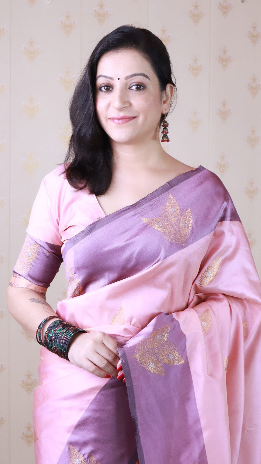 Baby pink soft silk dusty concept floral zari woven saree