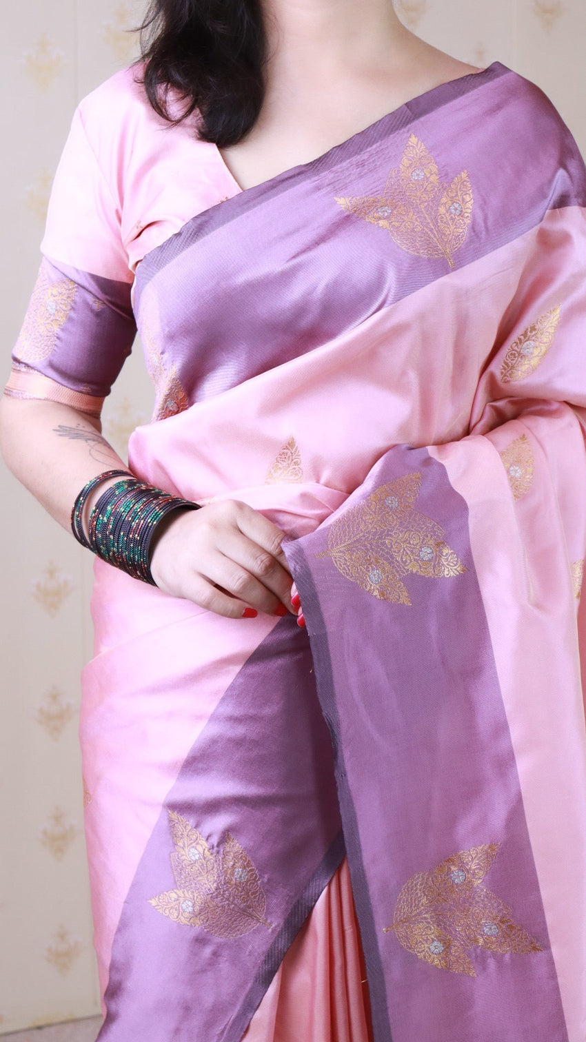Baby pink soft silk dusty concept floral zari woven saree