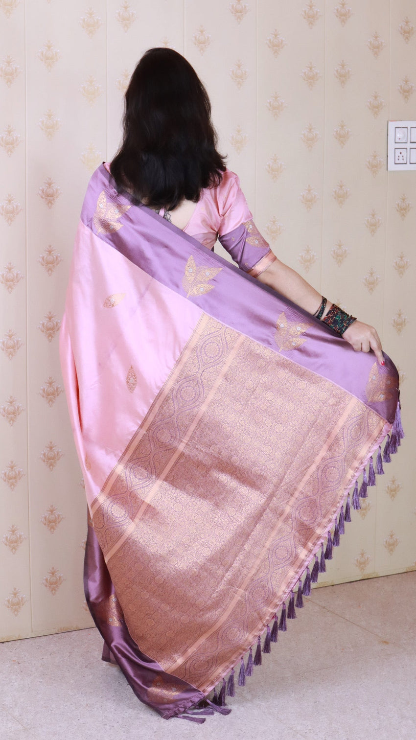 Baby pink soft silk dusty concept floral zari woven saree