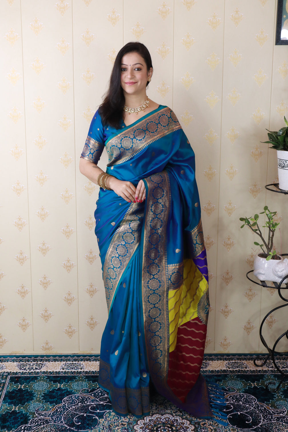 Blue soft silk banarasi multicolor pallu zari woven saree