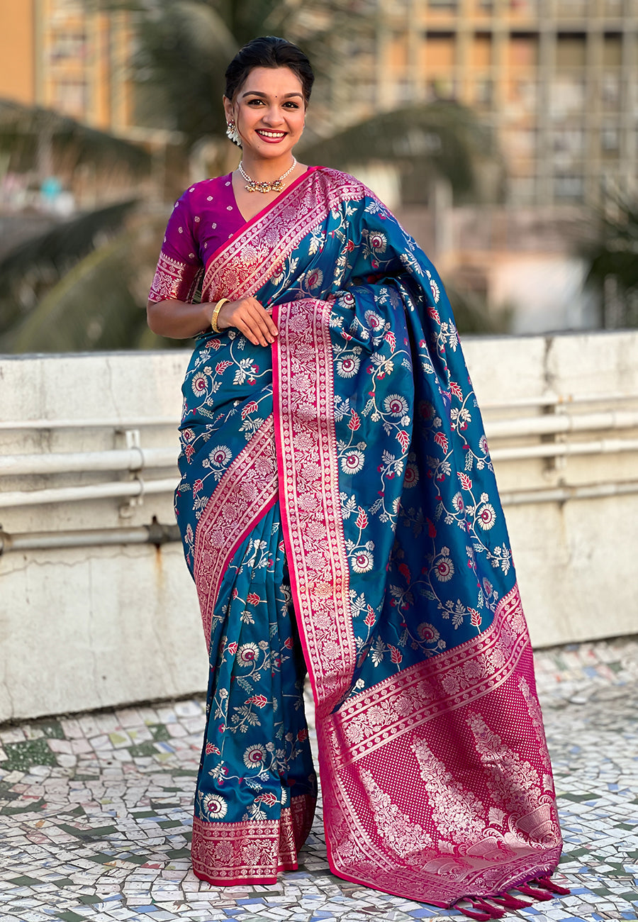 Blue banarasi contrast jaal soft silk zari woven saree