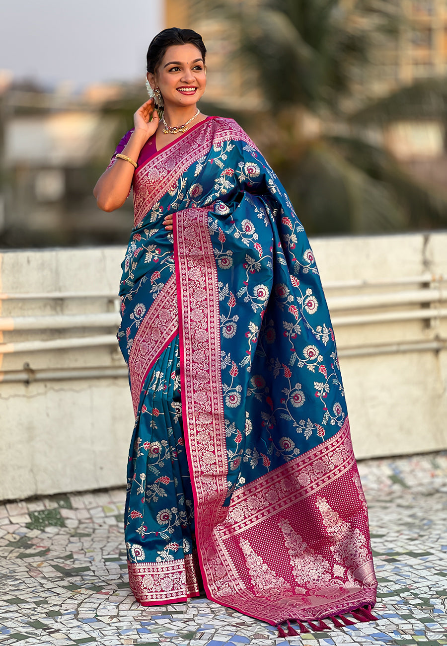 Blue banarasi contrast jaal soft silk zari woven saree