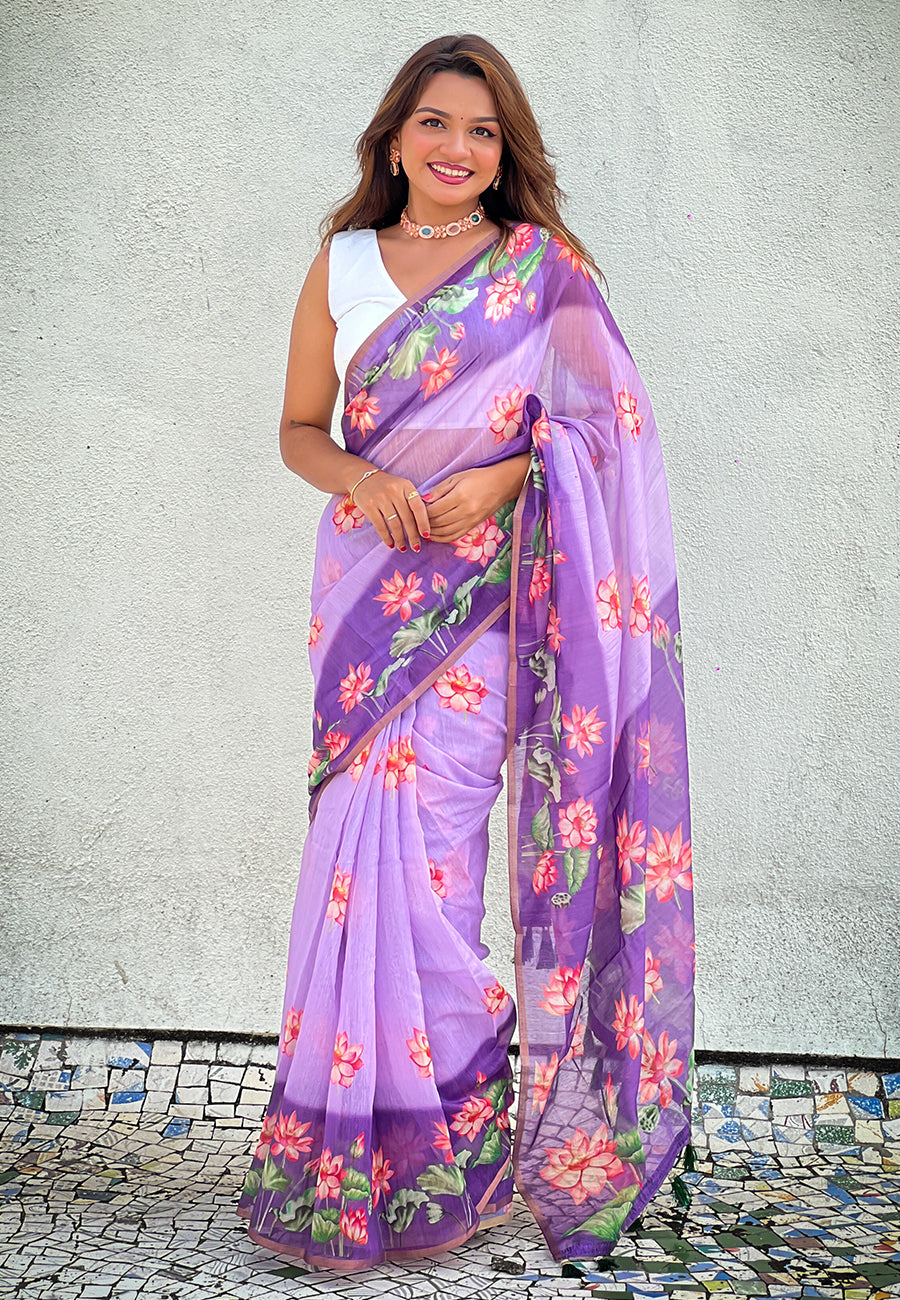 Lavender chanderi cotton pichwai printed saree with zari woven border