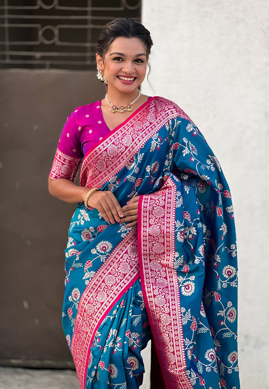 Blue banarasi contrast jaal soft silk zari woven saree