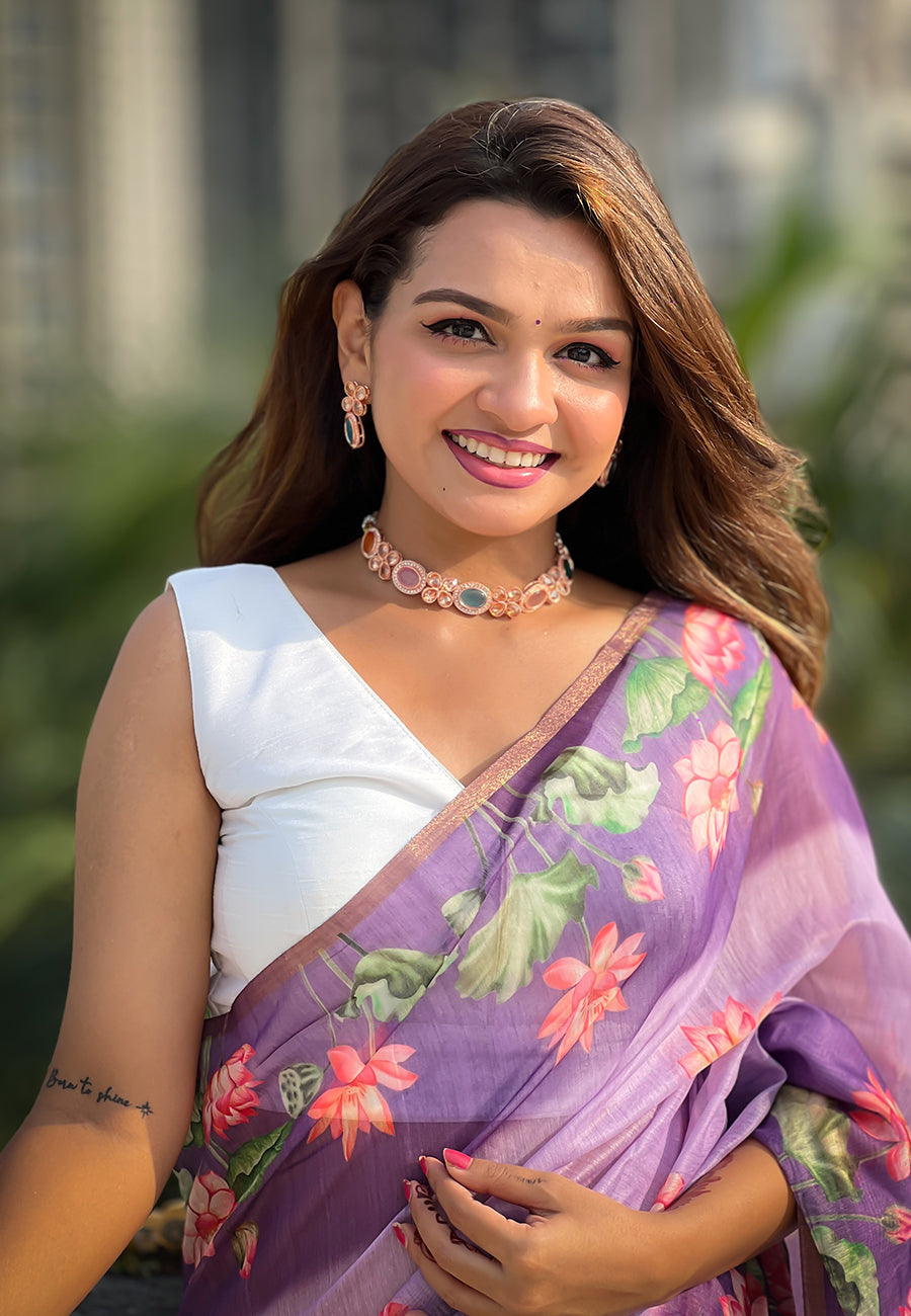Lavender chanderi cotton pichwai printed saree with zari woven border