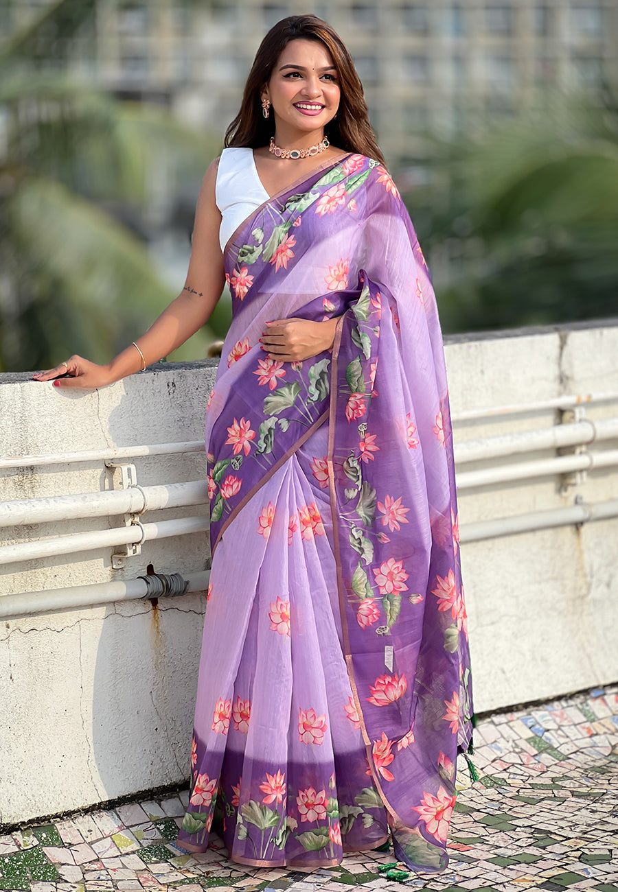 Lavender chanderi cotton pichwai printed saree with zari woven border