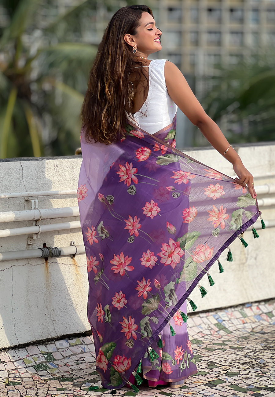 Lavender chanderi cotton pichwai printed saree with zari woven border