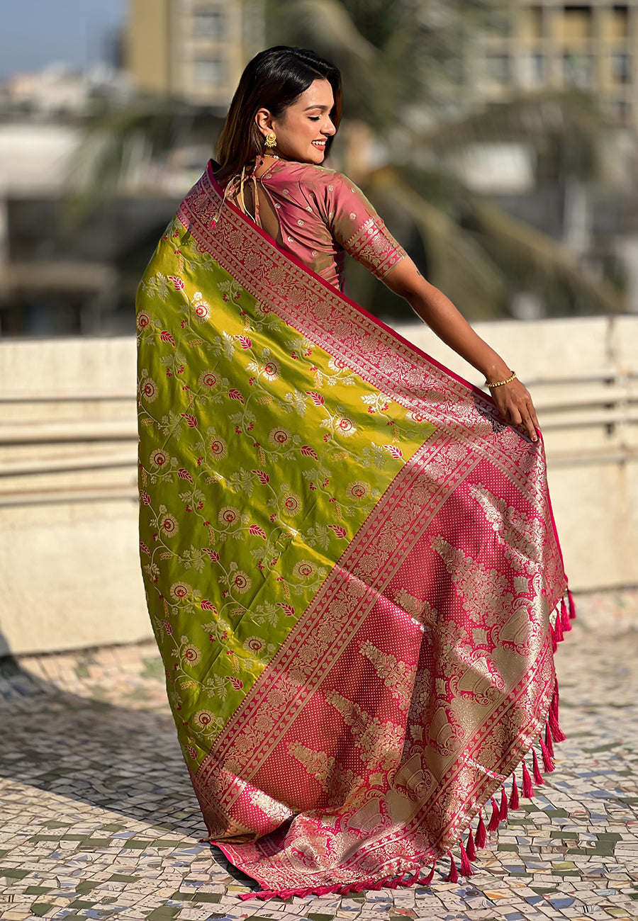 Mehendi green banarasi contrast jaal soft silk zari woven saree