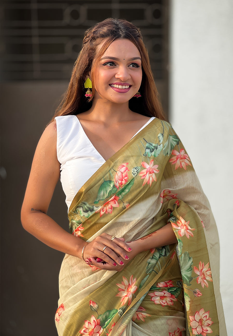 Green chanderi cotton pichwai printed saree with zari woven border