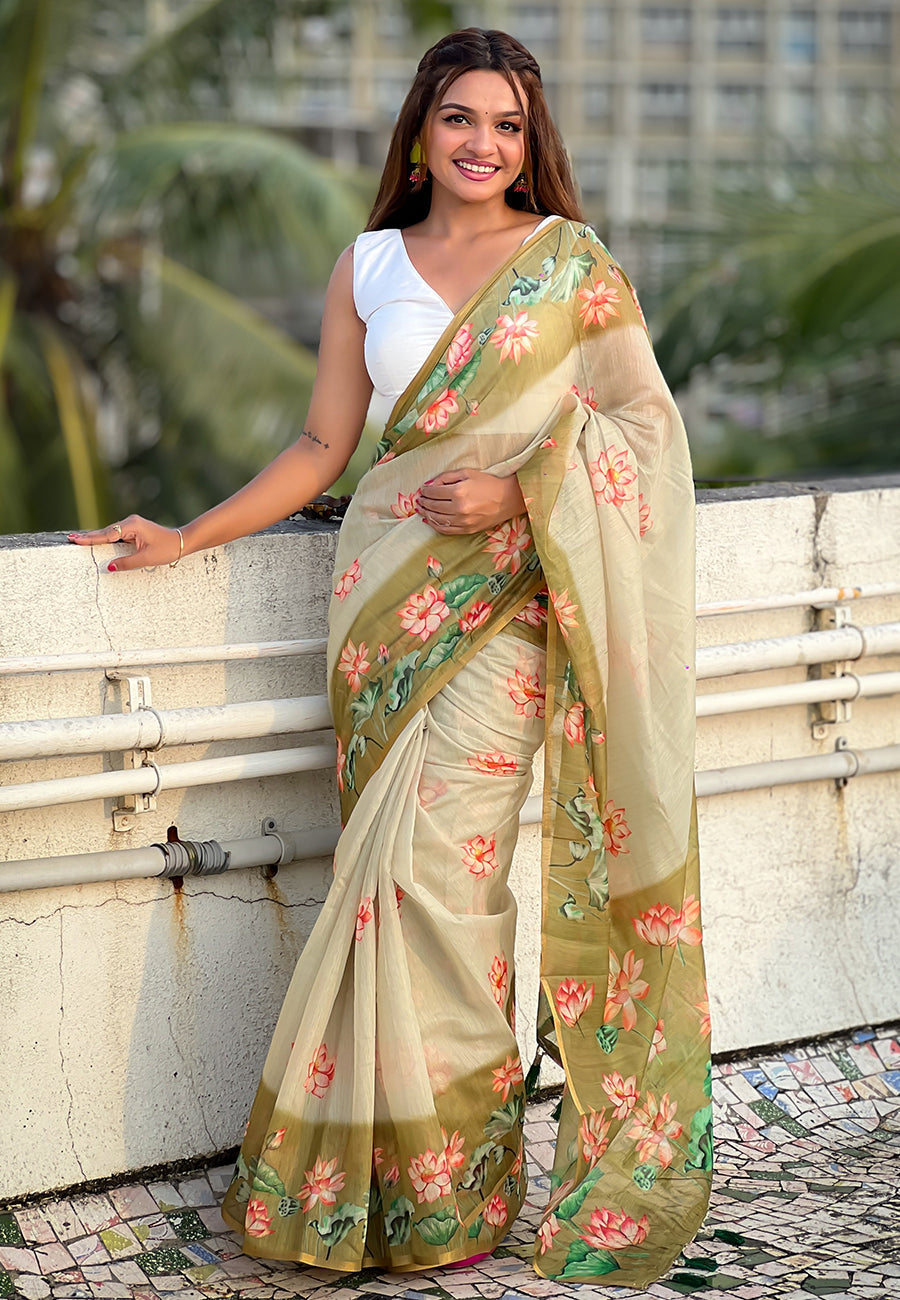 Green chanderi cotton pichwai printed saree with zari woven border