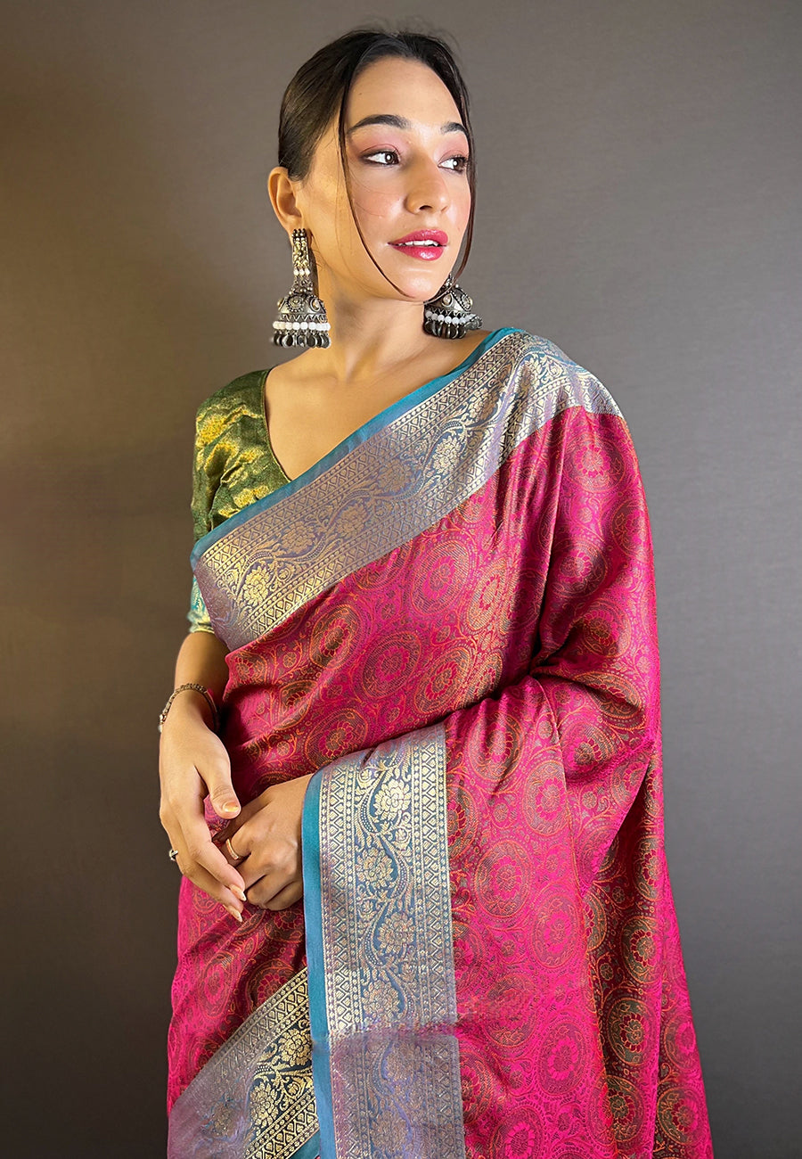 Pink soft kashmiri silk zari woven contrast saree