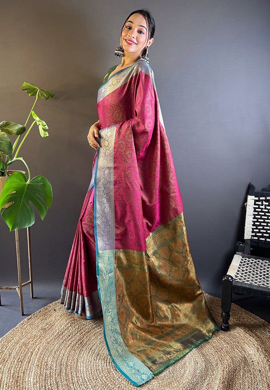 Pink soft kashmiri silk zari woven contrast saree