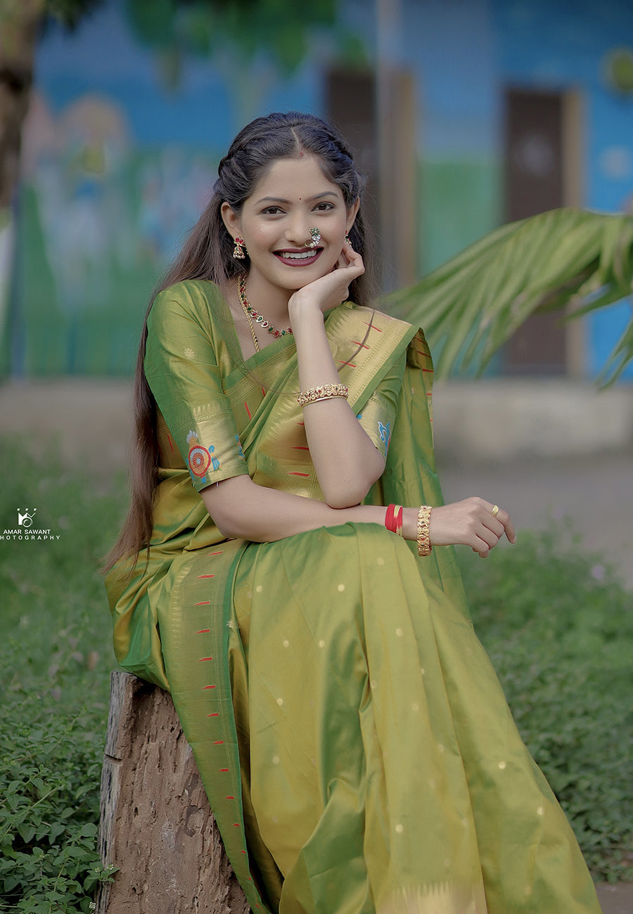 Mehendi green zari woven ganpati god paithani silk saree