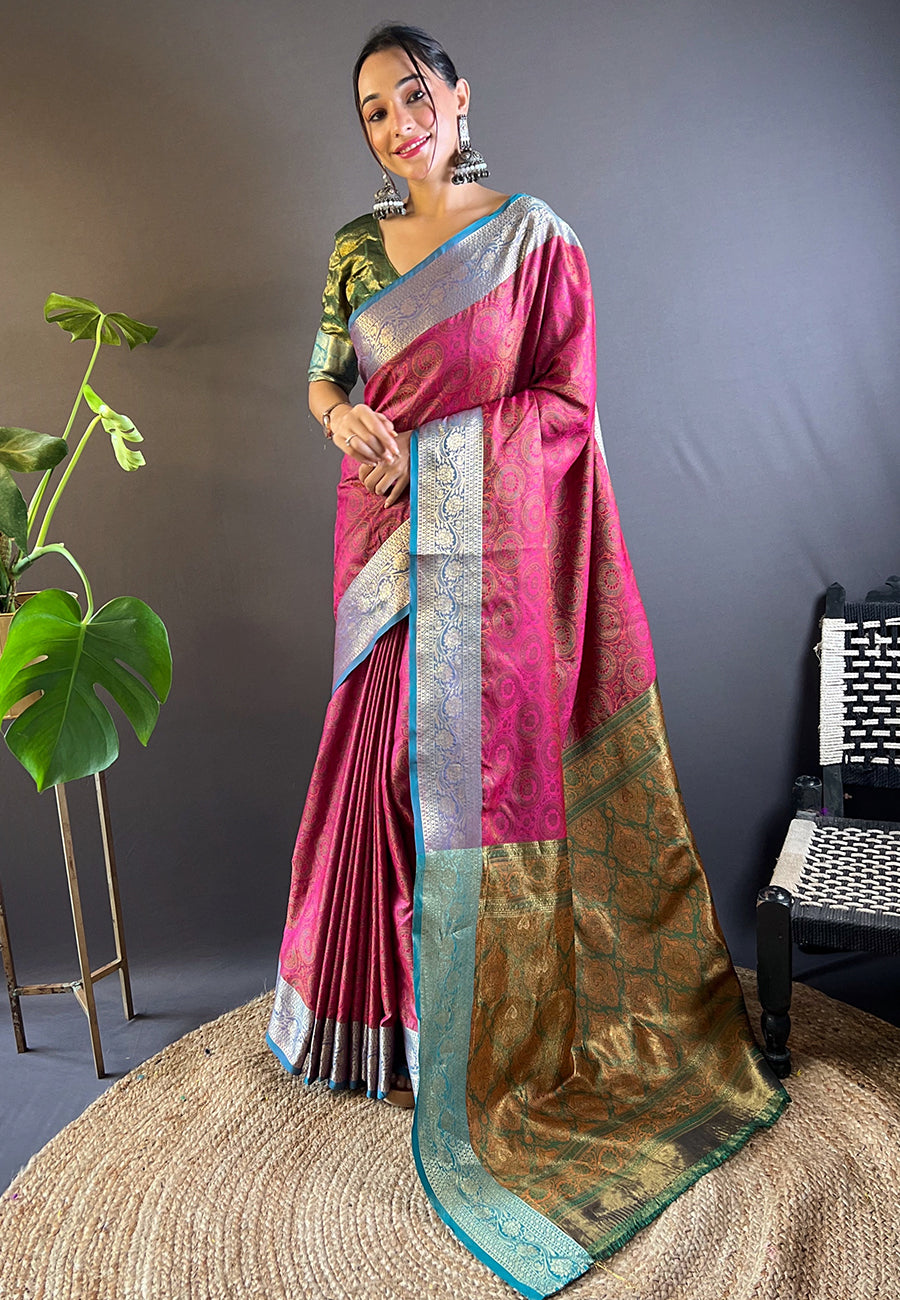 Pink soft kashmiri silk zari woven contrast saree