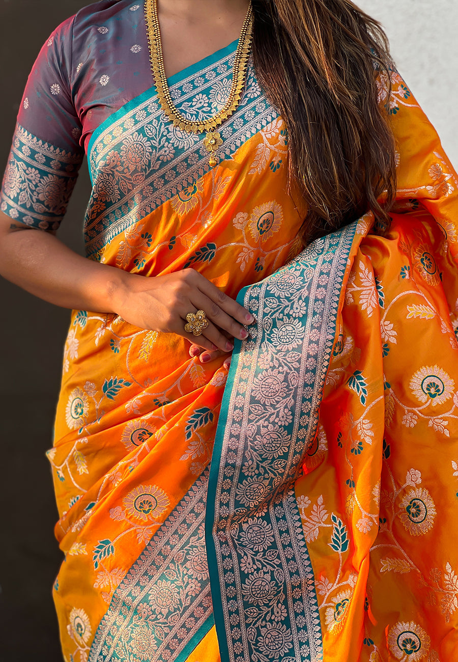 Orange banarasi contrast jaal soft silk zari woven saree