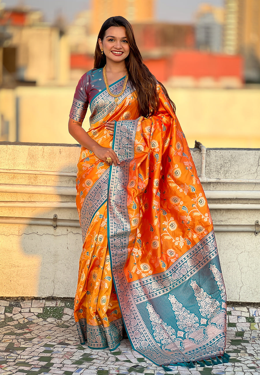 Orange banarasi contrast jaal soft silk zari woven saree