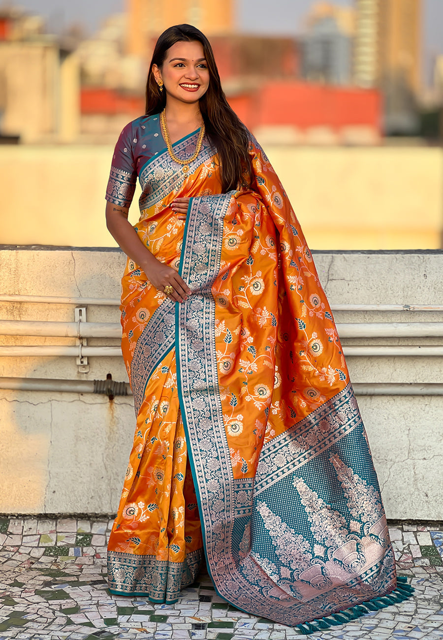 Orange banarasi contrast jaal soft silk zari woven saree