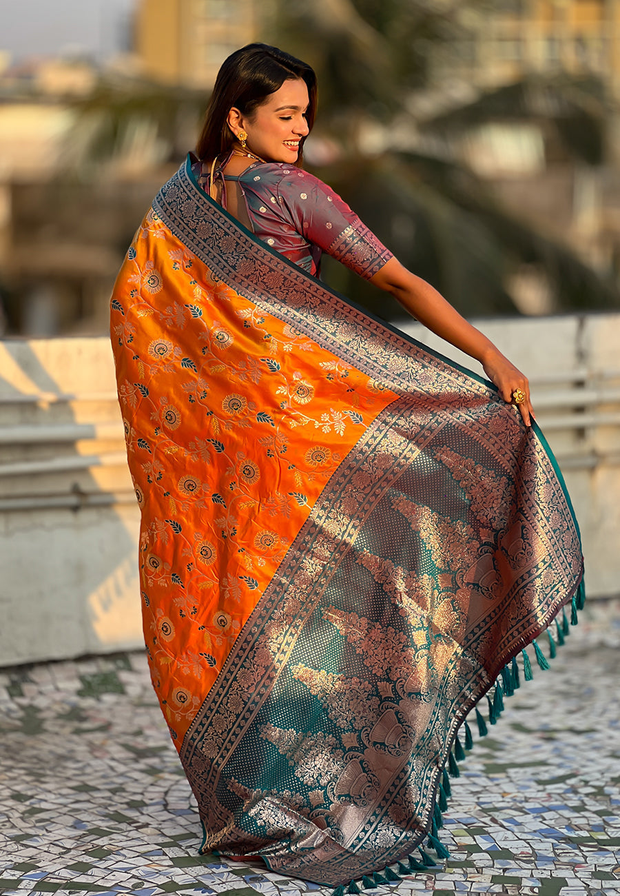 Orange banarasi contrast jaal soft silk zari woven saree
