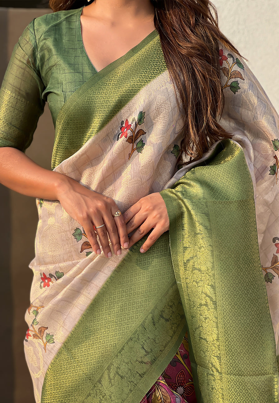 Cream with green organza silk floral kalamkari fusion printed saree with zari woven contrast border