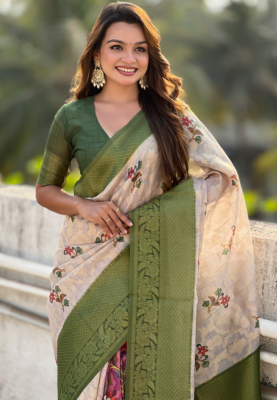 Cream with green organza silk floral kalamkari fusion printed saree with zari woven contrast border