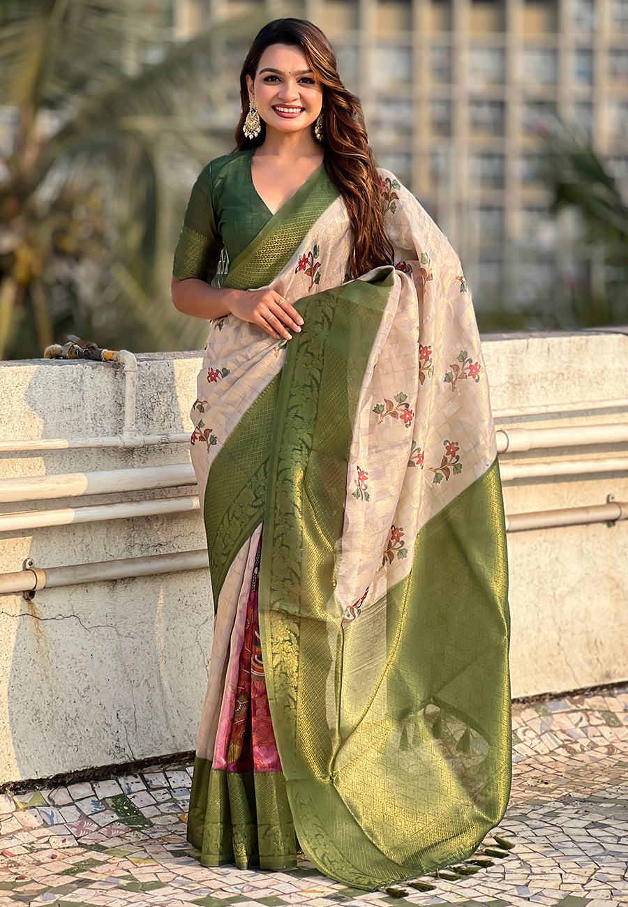 Cream with green organza silk floral kalamkari fusion printed saree with zari woven contrast border