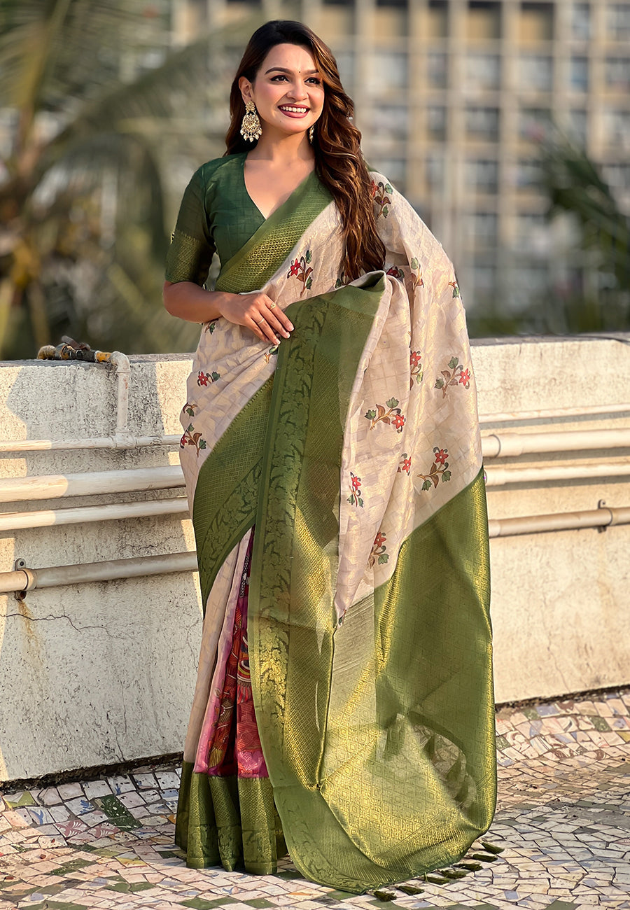 Cream with green organza silk floral kalamkari fusion printed saree with zari woven contrast border