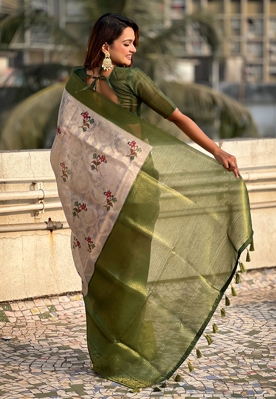 Cream with green organza silk floral kalamkari fusion printed saree with zari woven contrast border