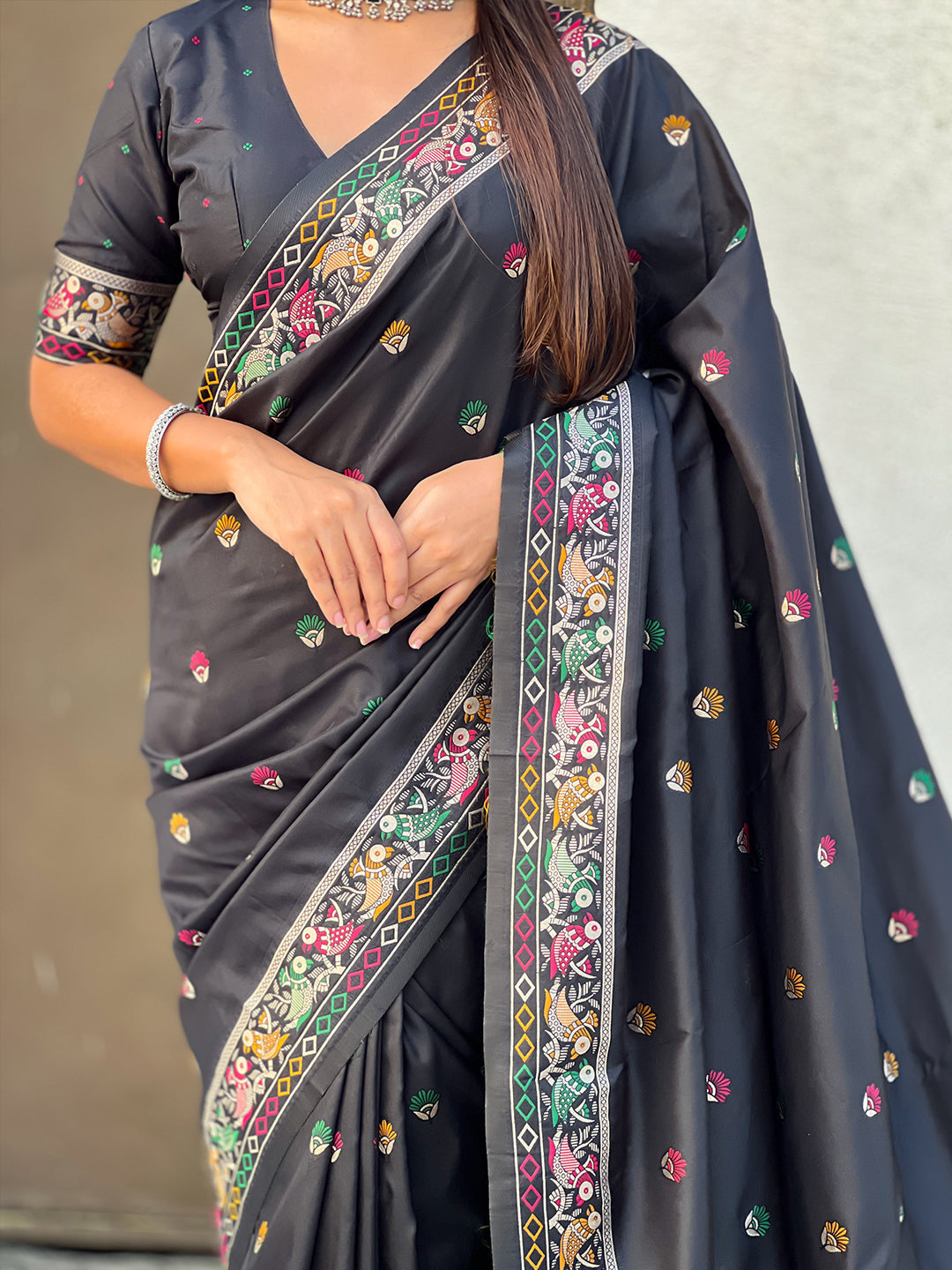 Black baluchari silk zari woven saree