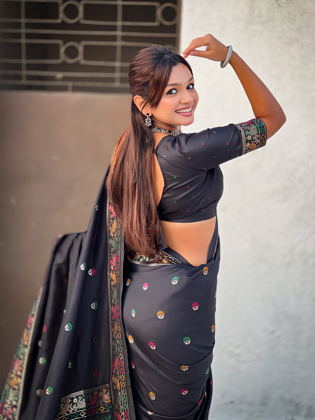 Black baluchari silk zari woven saree
