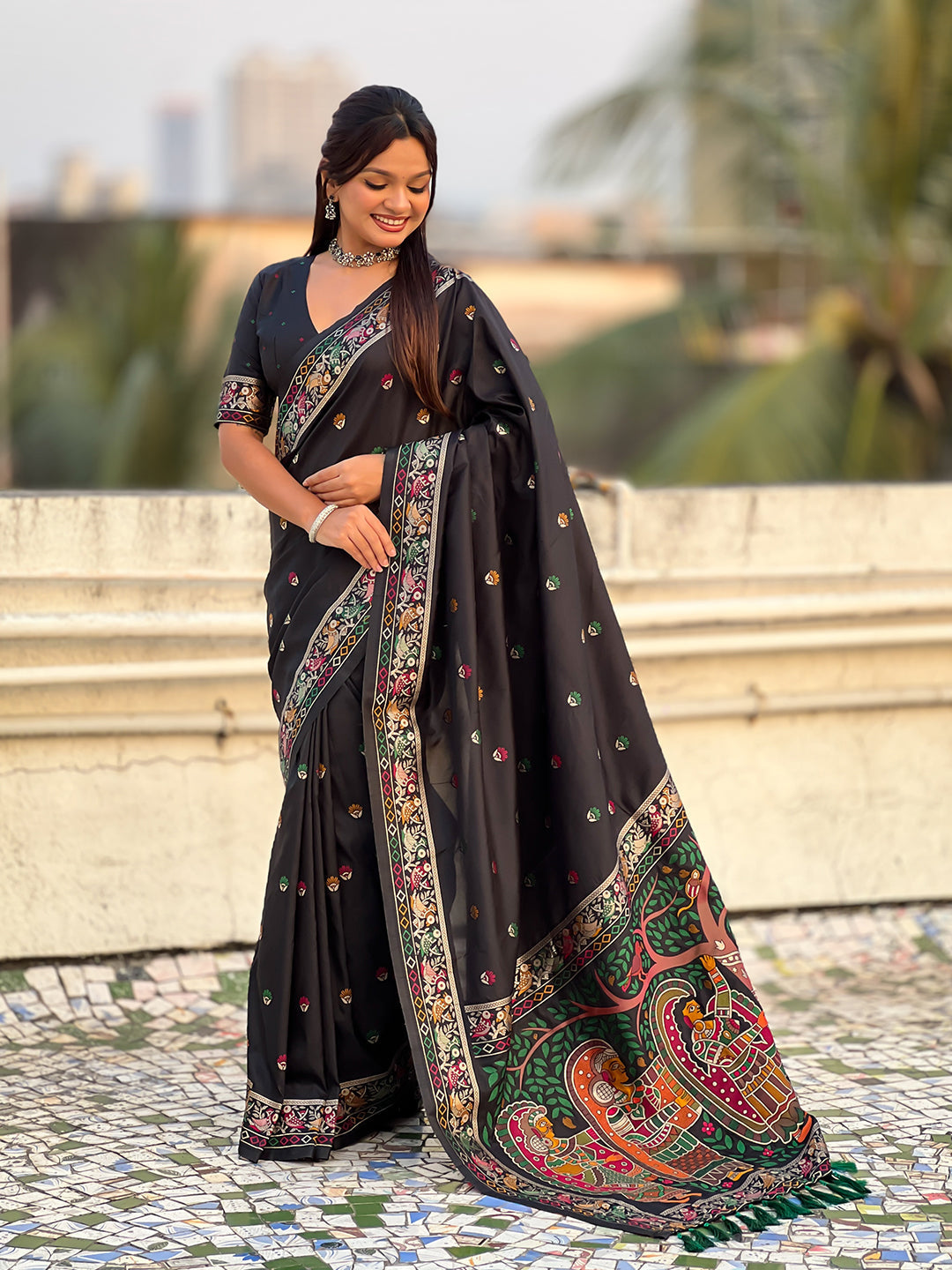 Black baluchari silk zari woven saree