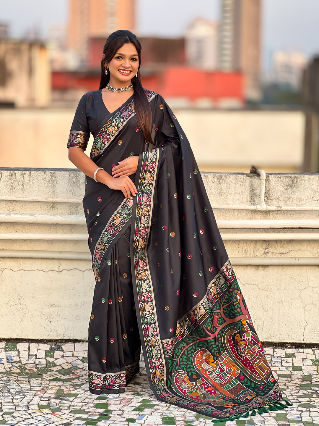 Black baluchari silk zari woven saree