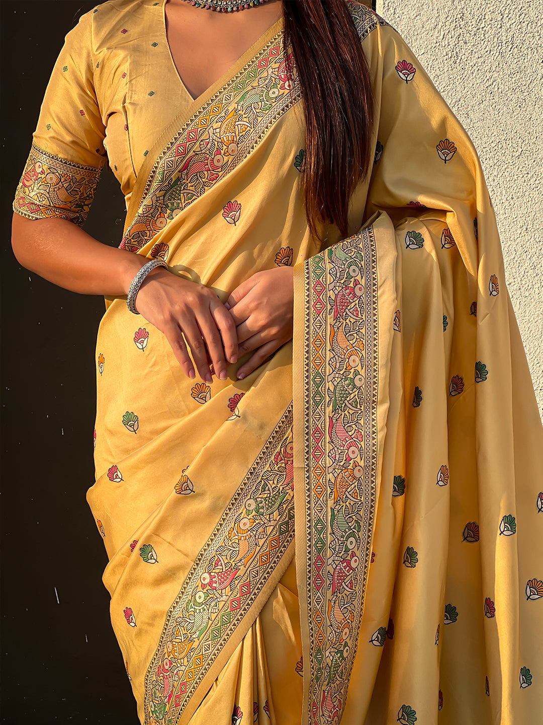 Light yellow baluchari silk zari woven saree