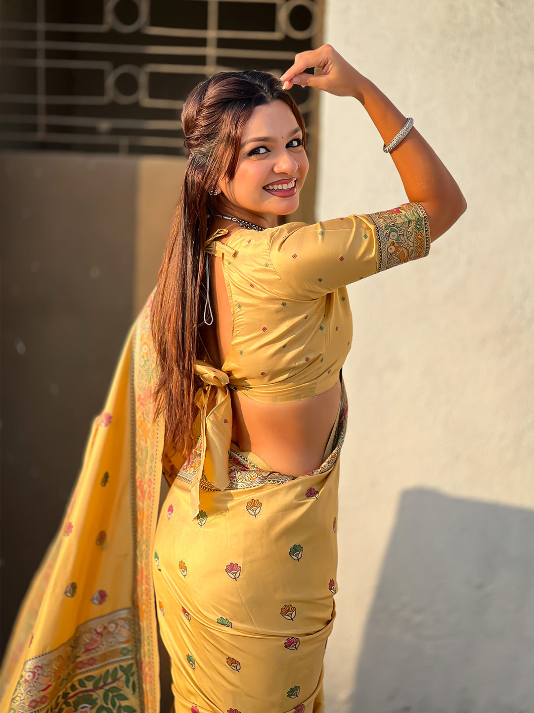 Light yellow baluchari silk zari woven saree