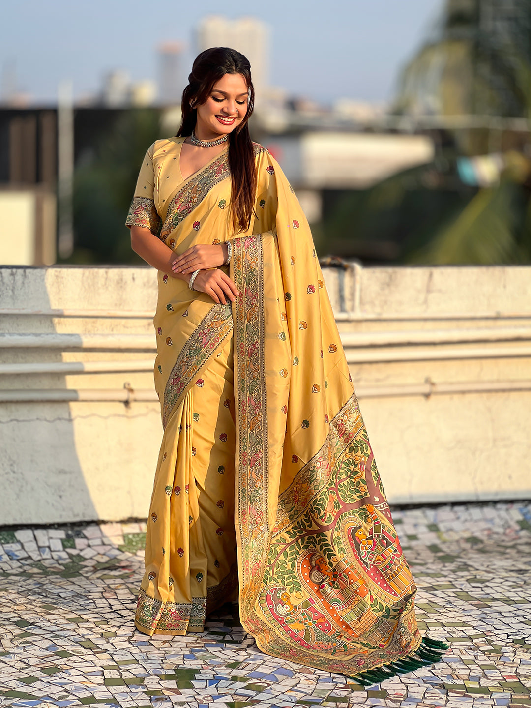 Light yellow baluchari silk zari woven saree