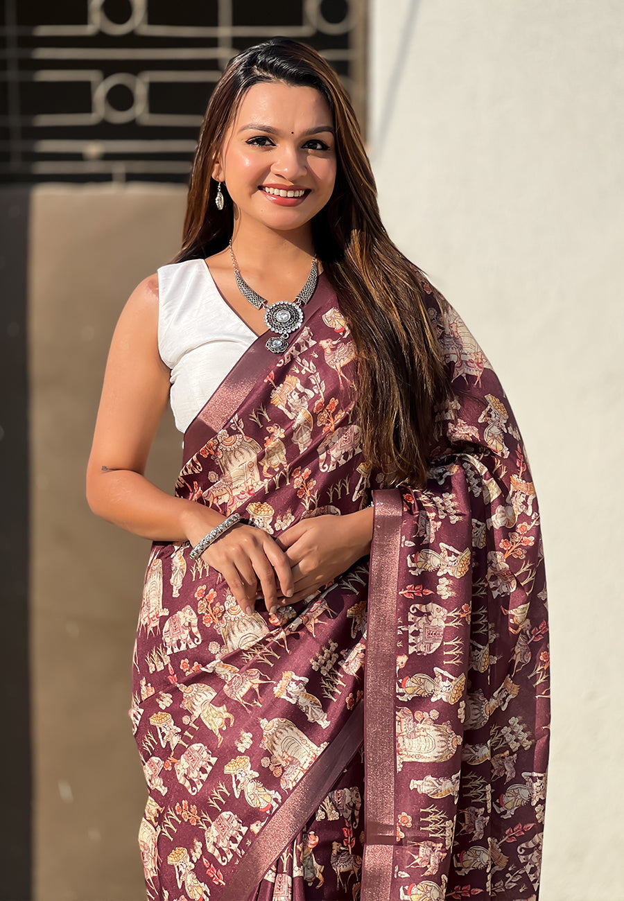 Dark brown tussar silk printed saree with zari woven border
