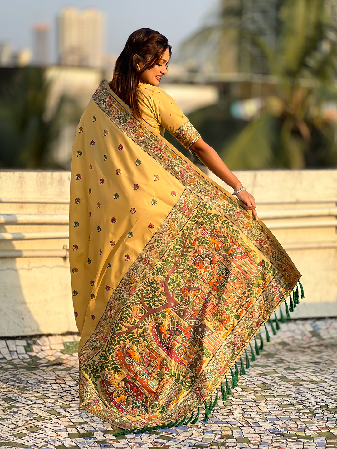 Light yellow baluchari silk zari woven saree